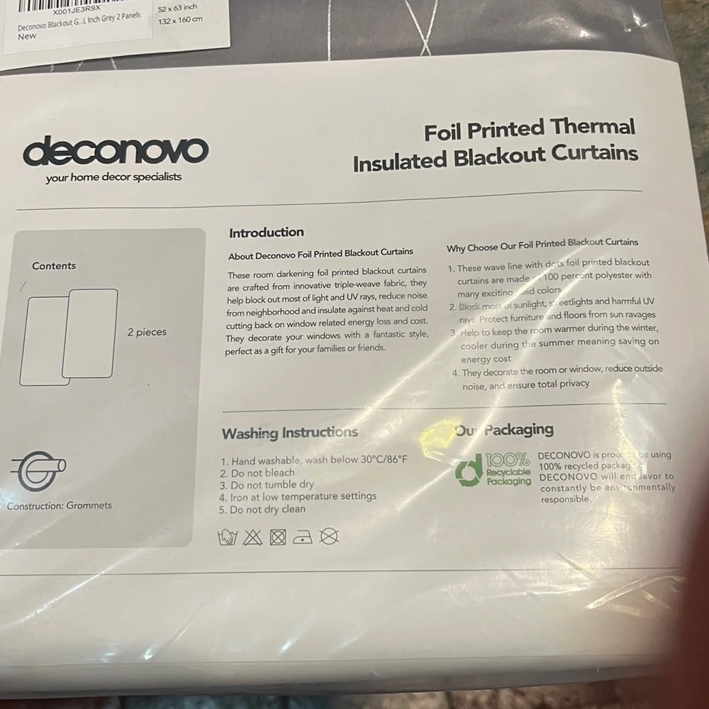 Deconovo pair of foil printed thermal insulated blackout curtains 52 X 63 total